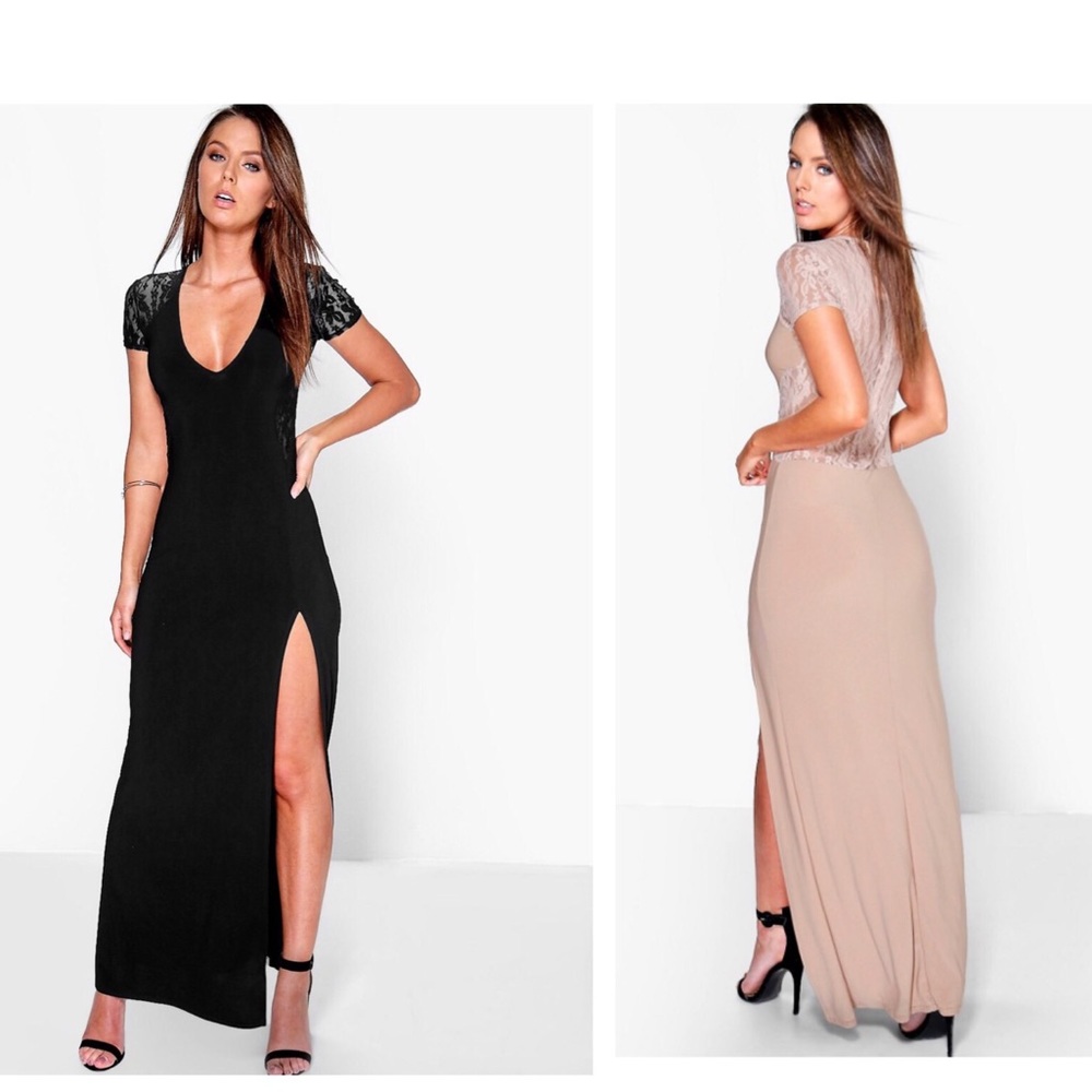 Boohoo Lace Insert Plunge Maxi Dress in Navy
